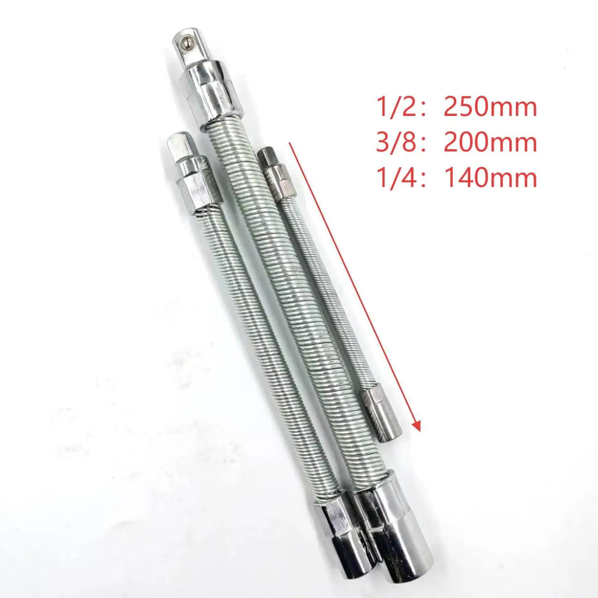 1/2 in 250 mm, 3/8 in 200 mm, 1/4 in 140 mm