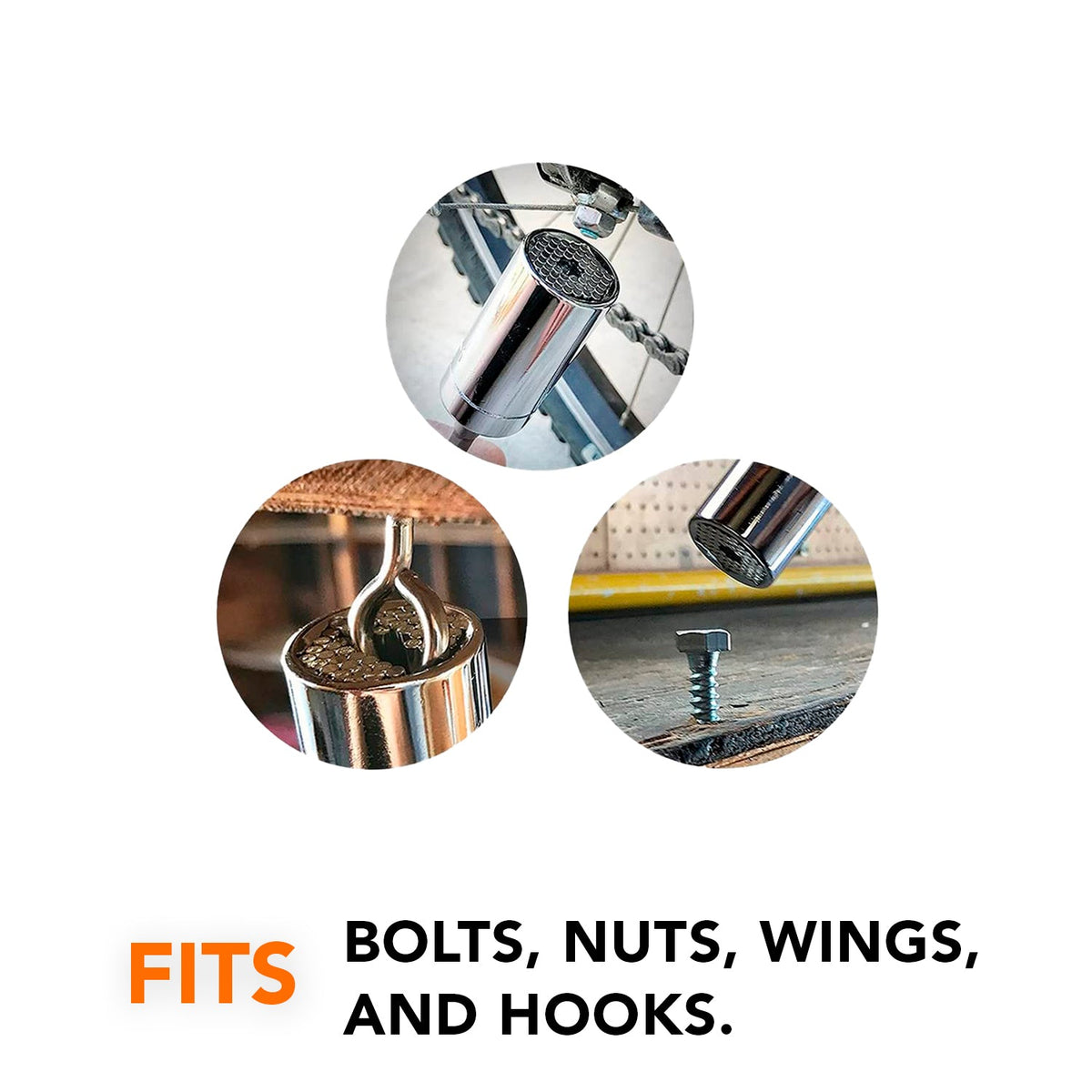 Fits bolts, nuts, wing nuts and hooks