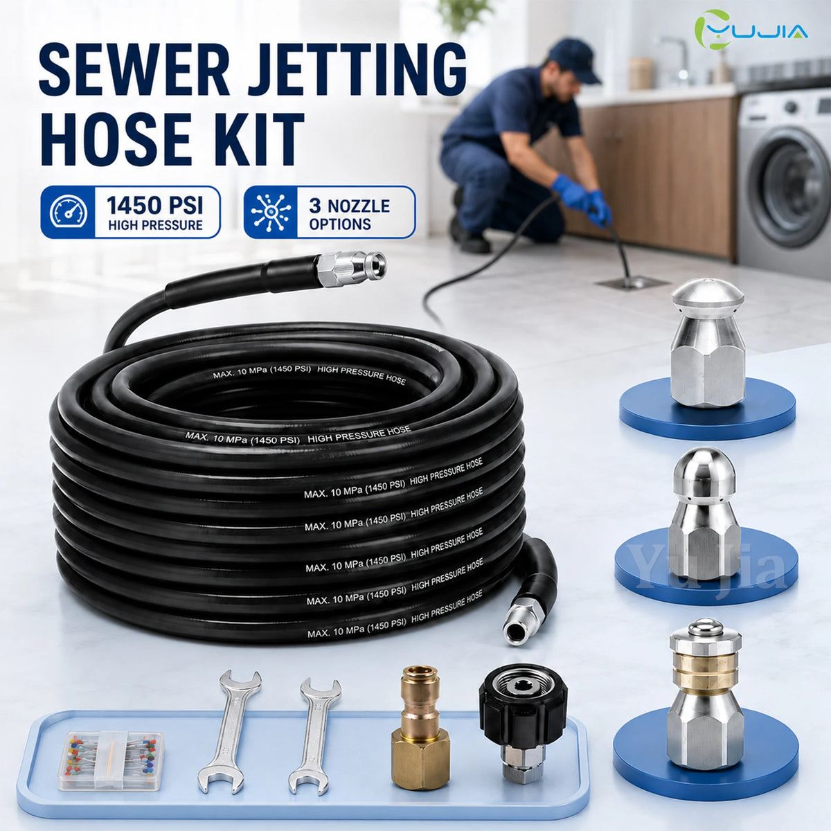 Sewer jetter hose kit with 3 nozzles and adapters