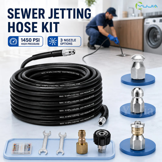 Sewer jetter hose kit with 3 nozzles and adapters
