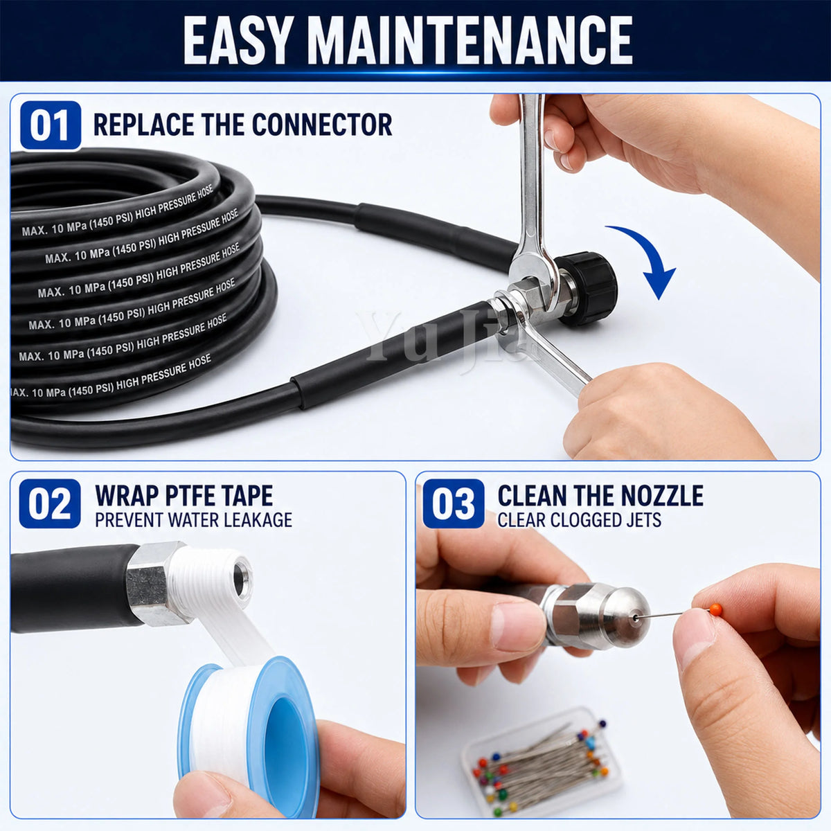 Replace the connector, wrap PTFE tape, clean the nozzle