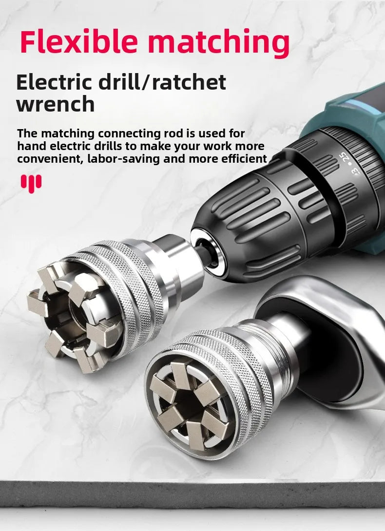Works with a drill or a ratchet
