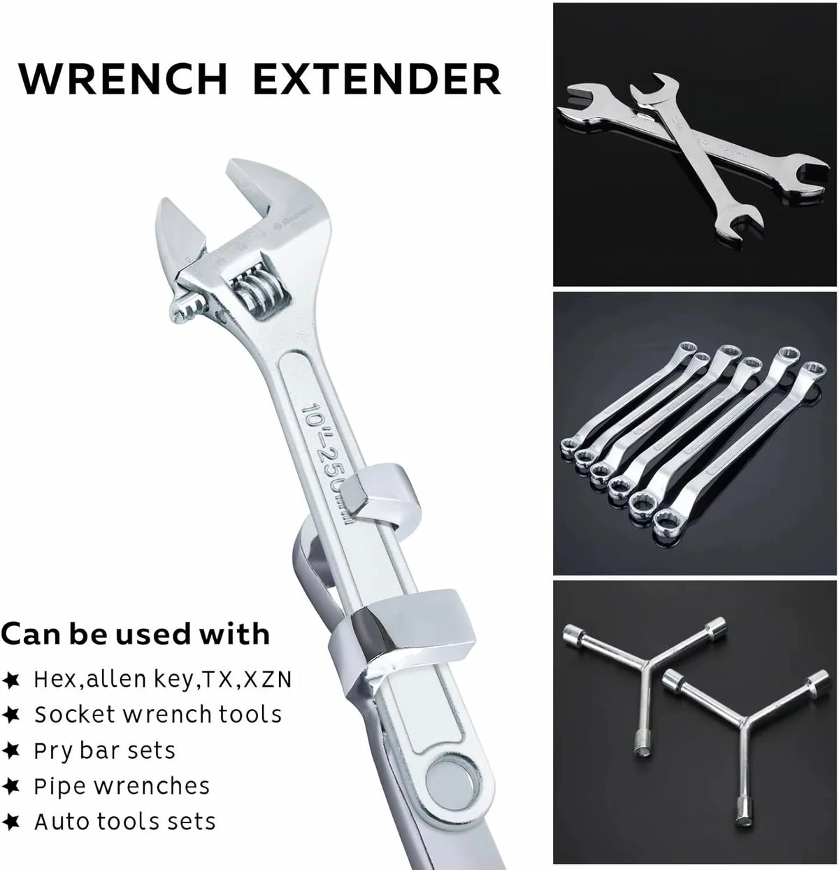 Works with wrenches, hex keys and pipe wrenches