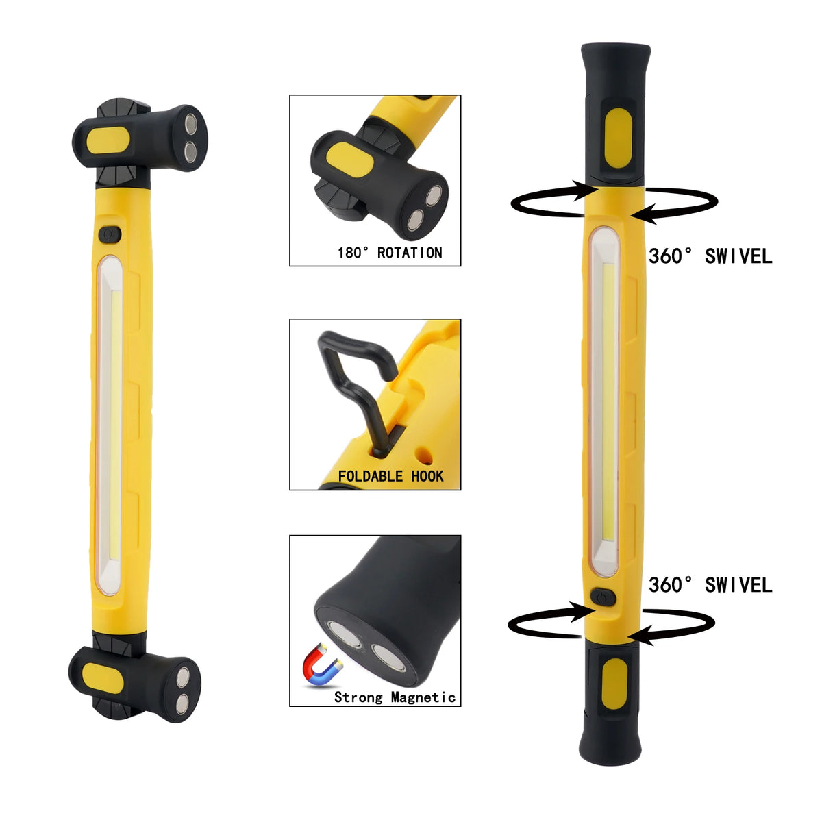 360 degree swivel ends, folding hook and magnets